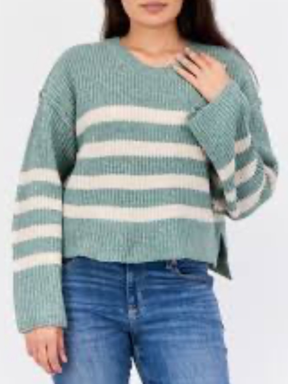 Pink Rose Striped Knit Sweater - Sage Green & Cream